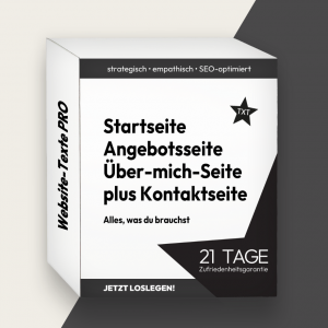Website-Texte schreiben lassen im PRO Paket mit Startseite, Angebotsseite, Über-mich-Seite plus Kontaktseite.