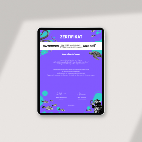 Freier Texter Mara Dünkel von textmagie in Bayreuth hat ein Zertifikat in "GPT Search & AI Overviews" der OMR Education.