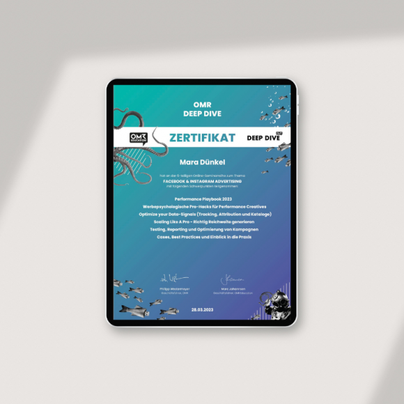 Freier Texter Mara Dünkel von textmagie in Bayreuth hat ein Zertifikat in "Facebook und Instagram Advertising" der OMR Education.