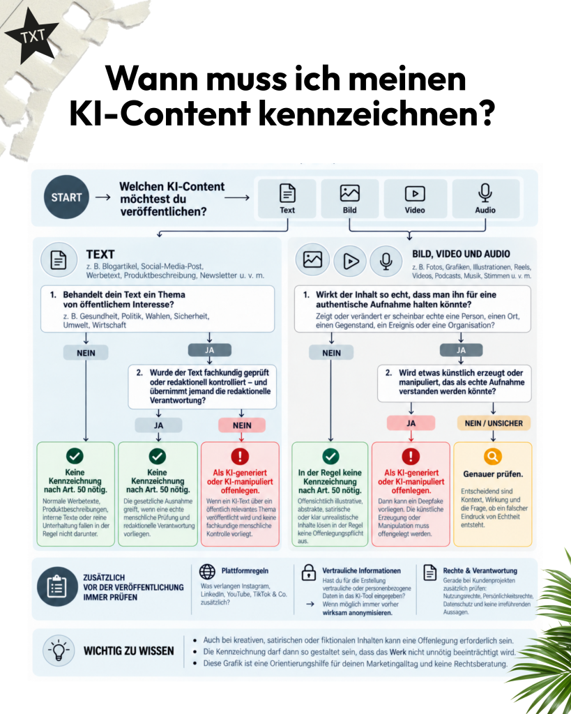 Wann muss ich KI-Content kennzeichnen? Entscheidungsbaum